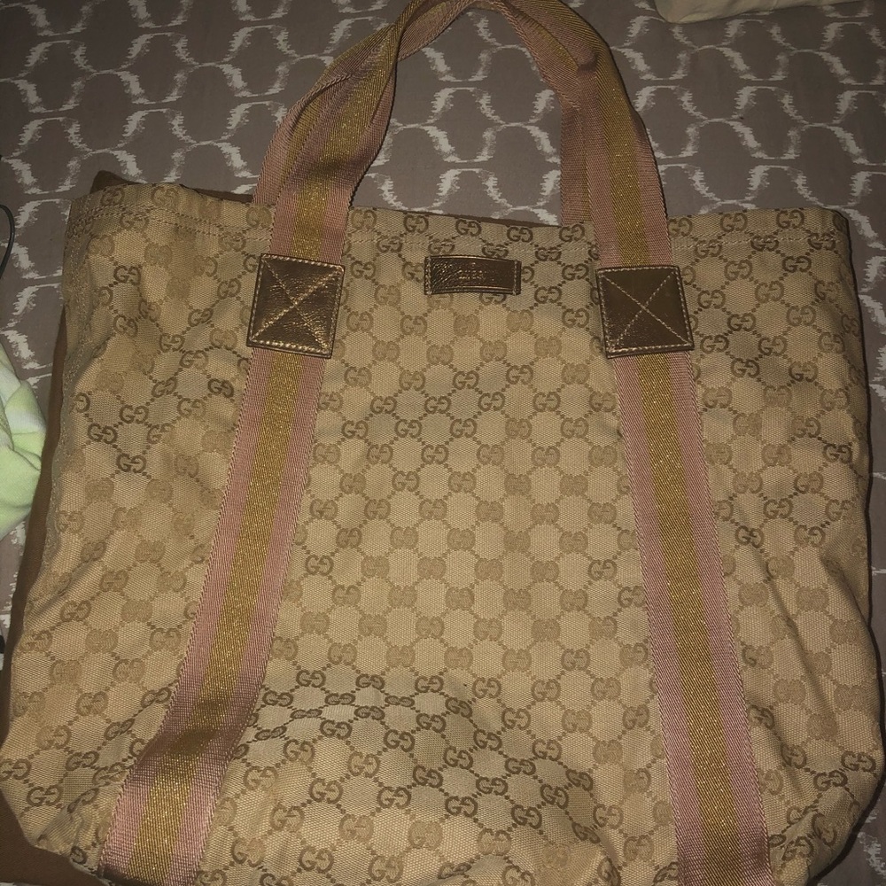 GUCCI Beige GG Canvas Pink and Gold Large Tote